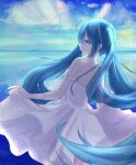  1girl absurdly_long_hair bangs blue_eyes blue_hair closed_mouth cloud day dress floating_hair from_behind hair_between_eyes hatsune_miku highres katorea long_hair ocean off_shoulder outdoors shiny shiny_hair skirt_hold sleeveless sleeveless_dress solo sundress twintails very_long_hair vocaloid white_dress 