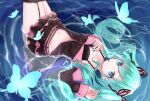  1girl bangs belt_buckle black_bra black_jacket black_legwear black_skirt blue_eyes blue_hair blue_nails bra breasts buckle bug butterfly butterfly_hair_ornament collarbone eyebrows_visible_through_hair floating_hair frilled_legwear frilled_skirt frills hair_between_eyes hair_ornament hatsune_miku highres insect jacket katorea layered_skirt long_hair lying midriff miniskirt nail_polish navel off-shoulder_jacket on_back open_clothes open_jacket shiny shiny_hair skirt small_breasts solo stomach sweet_devil_(vocaloid) thighhighs twintails underwear very_long_hair vocaloid water_surface zettai_ryouiki 
