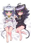  2girls :3 absurdres ahoge animal_ear_fluff animal_ears bangs barefoot bed_sheet black_hair black_hoodie black_panties blush breasts cat_ears cat_girl cat_tail chibi clothes_writing collar commentary_request ear_piercing eyebrows_visible_through_hair full_body green_eyes hair_between_eyes hand_on_own_stomach highres holding_hands hood hood_down hoodie interlocked_fingers large_breasts long_hair long_sleeves lying mole mole_under_eye mole_under_mouth multiple_girls ngetyan no_pants on_back original panties piercing renge_(ngetyan) revision ringe_(ngetyan) shiny shiny_hair short_hair siblings silver_hair sisters star_(symbol) striped striped_panties tail tail_ornament thigh_gap underwear v-shaped_eyebrows white_hoodie 