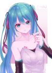  1girl bangs bare_shoulders black_sleeves blue_eyes blue_hair blue_nails breasts character_name cleavage closed_mouth collarbone detached_sleeves hair_between_eyes hair_ribbon hatsune_miku heart_ring highres katorea long_hair long_sleeves looking_at_viewer nail_polish ribbon shiny shiny_hair small_breasts solo strapless twintails upper_body very_long_hair vocaloid 