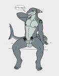  absurd_res anthro balls black_penis blacktip_reef_shark blue_eyes blush carcharhinus dialogue diphallism english_text erection fin fish genitals gills grey_body hand_on_neck head_fin hi_res humanoid_genitalia humanoid_penis looking_at_viewer lysander_hano male marine multi_genitalia multi_penis nipples nude penis presenting presenting_penis reef_shark requiem_shark shark sharkiedude simple_background sitting solo speech_bubble tail_fin tattoo teeth text white_background 