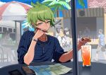  3girls 4boys amami_rantarou antenna_hair bangs bracelet collarbone cup danganronpa_(series) danganronpa_v3:_killing_harmony drinking_glass drinking_straw earrings green_eyes green_hair hand_on_own_chin hand_up highres jewelry kuangtai_(amami_ryoko) male_focus map multiple_boys multiple_girls necklace notebook outdoors palm_tree pen people ring shiny shiny_hair shirt short_hair sitting sleeves_pushed_up solo_focus striped striped_shirt table thinking tree 