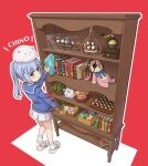  1girl angora_rabbit animal_on_head blue_eyes blue_hair blue_ribbon book bookshelf bottle bunny bunny_on_head chessboard clock coffee_grinder doorknob eyepatch gochuumon_wa_usagi_desu_ka? hair_ornament highres hoto_cocoa in_bottle in_container kafuu_chino mohei on_head open_mouth plant portrait ribbon school_uniform serafuku ship ship_in_a_bottle skirt slippers socks stuffed_animal stuffed_bunny stuffed_toy tippy_(gochiusa) watercraft x_hair_ornament 