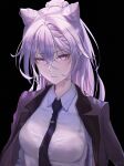  1girl absurdres bangs black_background breasts closed_mouth collared_shirt eyebrows_visible_through_hair formal genshin_impact hair_cones highres jacket keqing_(genshin_impact) long_hair looking_at_viewer medium_breasts necktie office_lady purple_eyes purple_hair shirt simple_background slit_pupils solo suit white_shirt xude 