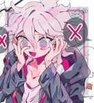  1girl :d bangs collarbone commentary_request crazy_eyes danganronpa_(series) danganronpa_2:_goodbye_despair emoji green_jacket grey_hair hair_between_eyes hands_on_own_cheeks hands_on_own_face hands_up highres hood hood_down jacket komaeda_nagito long_sleeves looking_at_viewer open_clothes open_jacket open_mouth osshouri55 pink_eyes shirt smile solo three_monkeys upper_body 