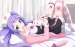  absurdres bed blue_archive breasts commentary_request fang hair_ornament halo hanae_(blue_archive) hat highres large_breasts long_hair looking_at_viewer lying nurse_cap open_mouth pill_hair_ornament purple_eyes shira-nyoro striped striped_legwear stuffed_animal stuffed_bunny stuffed_toy thighhighs twintails 