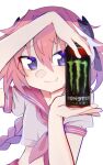  1boy astolfo_(fate) astolfo_monster_cosplay_(meme) black_bow black_ribbon bow braid can drink duckkhouse energy_drink fang fate/apocrypha fate/grand_order fate_(series) hair_intakes highres holding holding_can long_braid long_hair looking_at_viewer male_focus monster_energy multicolored_hair otoko_no_ko pink_hair product_placement purple_eyes red_sailor_collar ribbon sailor_collar school_uniform serafuku single_braid skin_fang smile streaked_hair upper_body white_hair 