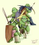  absurd_res axe boomerang bootleg boots brother brothers clothing donatello_(tmnt) eyewear footwear green_body green_skin hi_res leonardo_(tmnt) male melee_weapon michelangelo_(tmnt) raphael_(tmnt) reptile scalie scarf shield sibling smile sunglasses super_buni sword teenage_mutant_ninja_turtles turtle weapon 