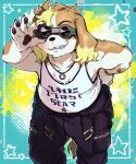  anthro canid canine canis clothing domestic_dog english_text eyewear fur goggles grin hi_res hisaki_(live-a-hero) jewelry jinnai live-a-hero male mammal multicolored_body multicolored_fur necklace shirt slightly_chubby smile solo tank_top text text_on_clothing text_on_shirt text_on_tank_top text_on_topwear topwear 