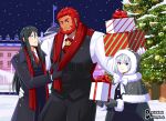  1girl 2boys alternate_costume artist_black beard black_pants black_vest christmas christmas_tree cravat facial_hair fate/grand_order fate_(series) feet_out_of_frame formal gray_(fate) highres iskandar_(fate) lord_el-melloi_ii male_focus mature_male multiple_boys muscular muscular_male pants pectorals red_eyes red_hair red_scarf scarf shirt short_hair sidelocks smile snowing vest waver_velvet white_shirt 