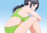  1girl arm_rest armpits ass athlete back bare_arms bare_legs bare_shoulders bikini black_hair blue_background blush breast_squeeze breasts buruma butt_crack commentary_request from_side fuchi_(nightmare) gradient gradient_background green_bikini green_eyes healin&#039;_good_precure knees_up large_breasts leaning_forward legs_together long_hair looking_back precure sawaizumi_chiyu shiny shiny_hair shiny_skin side_ponytail sideboob sidelocks sitting smile smirk solo sports_bikini sports_bra sportswear sweat swimsuit thighs track_and_field track_uniform 