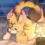  1:1 anthro bed biped blue_eyes blush brown_body brown_fur brown_nose claws countershading detailed_background dipstick_ears dipstick_tail felid finger_claws fur furniture head_tuft hi_res hybrid inside kemono lagomorph lamp leporid looking_at_viewer lying male mammal multicolored_body multicolored_ears multicolored_fur multicolored_tail night nude on_bed on_front pantherine pawpads paws pink_inner_ear pink_pawpads rabbit solo ssssssssss3000 striped_body striped_fur striped_tail stripes tan_body tan_countershading tan_fur tiger tuft window yellow_body yellow_fur 