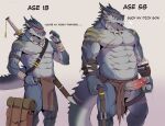  abs age_progression anthro balls blush bottomwear bottomwear_aside clothing clothing_aside confident disiwjd dragon embarrassed english_text erection genitals hi_res horn loincloth loincloth_aside male mature_male melee_weapon muscular muscular_anthro muscular_male pecs penis sword text virgin weapon 
