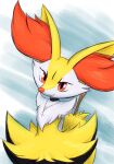  1girl animal_ear_fluff animal_ears animal_nose arms_behind_back artist_name black_choker black_fur blue_background body_fur braixen choker closed_mouth commentary dated english_commentary eryz flat_chest fox_ears fox_girl fox_tail furry gen_6_pokemon happy head_tilt highres jewelry jpeg_artifacts looking_at_viewer necklace pokemon pokemon_(creature) red_eyes sideways_mouth signature simple_background sketch smile snout solo standing stick tail upper_body white_fur yellow_fur 