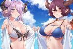  2girls bikini blue_bikini blue_eyes blush breasts brown_eyes brown_hair butterfly_earrings cleavage collarbone double_bun earrings granblue_fantasy grea_(shingeki_no_bahamut) haido_(ryuuno_kanzume) hair_over_one_eye heart heart-shaped_pupils highres horns jewelry large_breasts lips looking_at_viewer multiple_girls narmaya_(granblue_fantasy) navel parted_lips pink_hair pointy_ears shingeki_no_bahamut short_hair swimsuit symbol-shaped_pupils white_bikini 