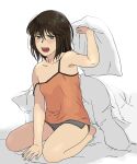  1girl black_hair brown_eyes camisole full_body grey_shorts highres holding holding_pillow kantai_collection looking_at_viewer open_mouth orange_camisole pillow sendai_(kancolle) short_hair shorts simple_background sitting sleepwear solo strap_slip translation_request under_covers wariza white_background yoshizawa_tamae 