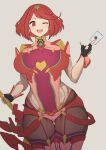  1girl breasts curvy earrings grey_background jewelry large_breasts letter looking_at_viewer nuezou one_eye_closed pyra_(xenoblade) red_eyes red_hair short_hair smoke solo sword thick_thighs thighs weapon wide_hips work_in_progress xenoblade_chronicles_(series) xenoblade_chronicles_2 