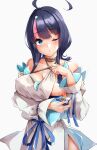  1girl ahoge bangs bare_shoulders black_hair blue_eyes blue_ribbon blush breasts collarbone dress fate/grand_order fate/requiem fate_(series) highres jewelry large_breasts long_sleeves looking_at_viewer magatama magatama_hair_ornament magatama_necklace medium_hair multicolored_hair necklace one_eye_closed pelvic_curtain pink_hair puffy_long_sleeves puffy_sleeves ribbon sezoku short_dress sideboob sideless_outfit streaked_hair thighs utsumi_erise white_dress 