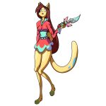  1:1 alpha_channel anonymous_artist anthro blue_mane brown_hair clothed clothing dipstick_tail domestic_cat dress ears_up facial_markings felid feline felis female fur hair head_markings hi_res knife mammal mane markings multicolored_tail red_clothing solo standing starstaco tomomi topwear yellow_body yellow_fur yellow_skin 