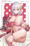  1girl artist_name azur_lane bouquet box braid breasts cleavage feet_out_of_frame flower gift gift_box hair_between_eyes hair_flower hair_ornament highres jaeyun large_breasts looking_at_viewer medium_hair naked_ribbon nude red_eyes red_flower red_ribbon ribbon side_braid sirius_(azur_lane) solo thighs valentine white_flower white_hair yellow_flower 