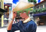  1boy amami_rantarou artist_name bangs bracelet building carrying chair closed_mouth collarbone danganronpa_(series) danganronpa_v3:_killing_harmony day earrings green_eyes green_hair hand_on_headwear hat highres jewelry kuangtai_(amami_ryoko) looking_at_viewer male_focus necklace outdoors people ring shirt short_hair short_sleeves sitting sky smile solo straw_hat striped striped_shirt table thumb_ring upper_body 