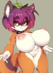  anthro big_breasts big_forearms breasts canid canine collar eye_through_hair eyebrows female forearms genitals hair hi_res huge_breasts leaf leaf_on_head mammal nipples nude pink_hair pussy raccoon_dog red_eyes short_stack simple_background slugbox solo spiked_collar spikes tanuki thick_eyebrows translucent translucent_hair 