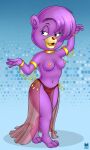  anthro barefoot breasts clothing collar dancing disney female fiona_gummi_(fan_character) fur gold_(metal) gummi_bears hi_res mammal nipples onzeno purple_body purple_fur red_nose simple_background slave smile solo translucent translucent_clothing ursid young 