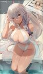  1girl absurdres artist_name azur_lane bangs bare_shoulders blush bow braid breasts cleavage criss-cross_halter french_braid hair_between_eyes hair_bow hair_over_shoulder halterneck hermione_(azur_lane) hermione_(pure_white_holiday)_(azur_lane) highres large_breasts long_hair looking_at_viewer miraihikariart navel official_alternate_costume one-piece_swimsuit sitting skindentation soaking_feet solo swimsuit thighs very_long_hair white_hair white_swimsuit yellow_eyes 