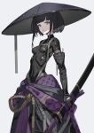  1girl bangs black_hair blunt_bangs bodysuit breasts commentary_request covered_navel eyebrows_visible_through_hair falslander grey_background holding holding_sword holding_weapon katana looking_at_viewer neco oil-paper_umbrella purple_eyes ronin_(neco) sheath short_hair simple_background small_breasts solo sword umbrella weapon 