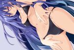  1girl bikini black_bikini blue_hair blush breasts iris_heart iwashi_dorobou_-r- kami_jigen_game_neptune_v large_breasts long_hair looking_at_viewer navel neptune_(series) pink_eyes power_symbol smile solo swimsuit symbol-shaped_pupils very_long_hair 