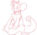  anthro beverage big_ears chuki coffee coffee_cup english_text espro eyebrows fur hands_on_thighs head_tuft holding_object holding_object_with_tail looking_at_viewer male monochrome neck_tuft prehensile_tail redponei simple_background sitting sketch smile solo text tuft white_background 