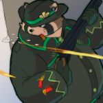  1:1 2021 anthro brown_body brown_fur canid canine clothed clothing fur hat headgear headwear hi_res humanoid_hands k_gutless kemono live-a-hero male mammal overweight overweight_anthro overweight_male raccoon_dog shoen solo tanuki video_games weapon 