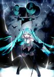  1girl absurdly_long_hair absurdres aqua_eyes aqua_hair aqua_neckwear bare_shoulders bird black_legwear black_skirt black_sleeves commentary detached_sleeves full_body grey_shirt hair_ornament hatsune_miku highres holding holding_megaphone koi_wa_sensou_(vocaloid) leaning_forward lightning long_hair looking_at_viewer megaphone miniskirt necktie open_mouth pleated_skirt shinoduki shirt shoulder_tattoo skirt sleeveless sleeveless_shirt standing tattoo thighhighs tower twintails v-shaped_eyebrows very_long_hair vocaloid zettai_ryouiki 