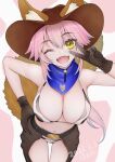  1girl animal_costume animal_ear_fluff animal_ears animal_print blush bra breasts cleavage cow_costume cow_girl cow_hat cow_print dated ears_through_headwear eyebrows_visible_through_hair fang fangs fate/extra fate/grand_order fate_(series) fox_ears fox_girl fox_tail hand_on_hip highres jacket large_breasts leather leather_jacket looking_at_viewer navel one_eye_closed open_mouth panties pink_hair skin_fang solo tail tamamo_(fate)_(all) tamamo_no_mae_(fate) uminosobadashi underwear v yellow_eyes 