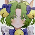  1girl :t bangs bell blue_bow blush bow commentary cream cream_on_face dejiko di_gi_charat dot_nose food food_on_face green_eyes green_hair grey_background hair_bell hair_bow hair_ornament highres iwawa jingle_bell looking_to_the_side neck_bell parted_bangs portrait short_hair solo 
