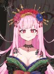  1girl artist_name bangs bare_shoulders black_choker breasts bright_pupils choker cleavage collarbone comb eyebrows_visible_through_hair hololive hololive_english imosalad japanese_clothes kimono large_breasts looking_at_viewer mori_calliope off_shoulder off_with_their_heads red_eyes smile solo upper_body virtual_youtuber white_pupils yukata zoom_layer 