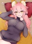  1girl animal_ear_fluff animal_ears breasts fate/extella fate/extra fate_(series) fox_ears fox_girl fox_tail hand_in_hair large_breasts lying pillow pink_hair short_shorts shorts smile solo tail tamamo_(fate)_(all) tamamo_no_mae_(fate) twintails uminosobadashi yellow_eyes 
