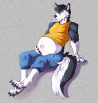  anthro bottomwear canid canine canis clothing digitigrade domestic_dog hand_on_stomach hi_res husky male male_pregnancy mammal nordic_sled_dog pants pregnant shirt sitting solo spitz the-narutoshi topwear 