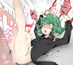  1boy 1girl ass bangs bar_censor black_dress blush censored chain chained clothed_female_nude_male commentary_request covered_nipples cum curly_hair dress green_eyes green_hair hetero legs_up long_sleeves male_pubic_hair mikagelove nude one-punch_man open_mouth pubic_hair pussy rape saliva sex short_hair solo_focus speed_lines tatsumaki tearing_up tongue tongue_out translation_request vaginal white_background 