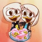  1:1 anatid anseriform anthro avian bird brother brother_and_sister cake clothing coin della_duck dessert disney donald_duck duck ducktales ducktales_(2017) duo female food hi_res holidays jacket khionyohannmendoza male shirt sibling sister topwear valentine&#039;s_day young 