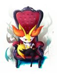  1girl :3 absurdres animal_ear_fluff animal_ears animal_nose artist_name black_fur body_fur braixen candy chair commentary_typo crossed_legs dated english_commentary eryz flat_chest food fox_ears fox_girl fox_tail full_body furry gen_6_pokemon half-closed_eyes hand_up happy highres holding holding_candy holding_food holding_lollipop lollipop looking_at_viewer open_mouth paws pokemon pokemon_(creature) red_eyes signature sitting smile snout solo stick tail thick_thighs thighs throne white_background white_fur yellow_fur 