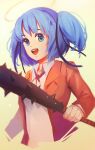  1girl 3four blue_eyes blue_hair bokusatsu_tenshi_dokuro-chan breasts club hair_ribbon halo looking_at_viewer medium_hair mitsukai_dokuro open_mouth ribbon school_uniform simple_background smile solo twintails two_side_up weapon 