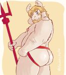  2021 absurd_res anthro asgore_dreemurr belly boss_monster bovid butt caprine clothing eeveecholo hi_res jockstrap male mammal moobs nipples overweight overweight_anthro overweight_male solo undertale underwear video_games weapon 