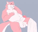  anthro bed_sheet bedding belly canid canine canis erection fist_on_chin fur liddellious_(artist) looking_at_viewer lying male mammal navel nipples on_back overweight overweight_anthro overweight_male pastel pink_body pink_fur smile solo solo_focus wolf 