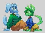  2020 animate_inanimate anthro astralantipode blue_body blue_hair breasts canid canine canis collar domestic_dog duo female green_body green_hair grey_background hair inflatable living_inflatable mammal nozzle pawpads short_hair simple_background sitting smile tongue tongue_out 