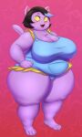  2021 absurd_res anthro big_breasts black_hair blue_highlights blush breasts catty_(undertale) chest_tuft clothed clothing domestic_cat ear_piercing ear_ring eyelashes fangs felid feline felis female fur hair hands_on_hips hi_res highlights_(coloring) huwon mammal open_mouth overalls overweight overweight_anthro overweight_female piercing purple_body purple_fur sharp_teeth solo standing teeth thick_thighs tongue tuft undertale video_games whiskers yellow_sclera 