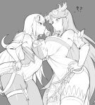  2girls absurdres armlet bagelbomb bangs breast_press breasts chest_jewel dress earrings elbow_gloves forehead_jewel gem gloves goddess headpiece highres jewelry kid_icarus kid_icarus_uprising large_breasts long_hair monochrome multiple_girls mythra_(xenoblade) palutena pantyhose pendant side_slit strapless strapless_dress super_smash_bros. swept_bangs thighhighs tiara vambraces very_long_hair xenoblade_chronicles_(series) xenoblade_chronicles_2 
