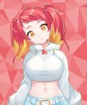  1girl :o bangs belt blonde_hair breasts brown_eyes commentary_request cropped_hoodie denim head_tilt highres hikasa_tomoshika hood hoodie jeans large_breasts looking_down midriff multicolored_hair navel open_mouth pants partial_commentary red_hair smoke solo tenneko_yuuri twintails virtual_youtuber voms white_belt white_hoodie 