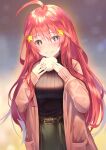  1girl ahoge baozi belt black_belt black_sweater blurry blurry_background blush breasts crumbs food go-toubun_no_hanayome green_skirt hair_ornament highres holding holding_food large_breasts long_hair looking_down nakano_itsuki pink_sweater purple_eyes red_hair ribbed_sweater skirt smile solo star_(symbol) star_hair_ornament star_in_eye sweater sweater_tucked_in symbol_in_eye yk_(pixiv43531291) 