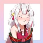 1girl bangs closed_eyes eyebrows_visible_through_hair food hair_ornament hololive horns japanese_clothes long_hair mouth_hold multicolored_hair nakiri_ayame oni oni_horns pocky pocky_day red_hair simple_background solo streaked_hair virtual_youtuber white_background white_hair yellow_tail!_(artist) 